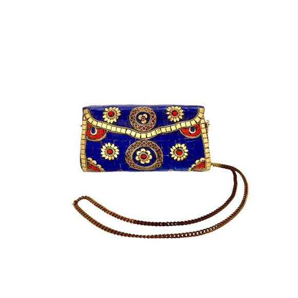 Purse Handmade Brass Bag with Coral and Lapiz Stone Unique Colorful Gift